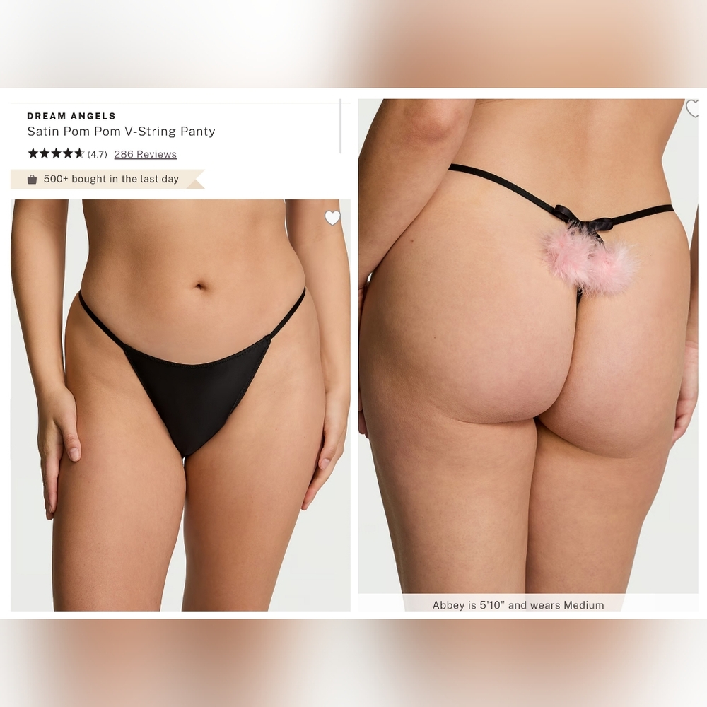 Victoria's Secret Dream Angels Satin Pom Pom V-String Panty SMALL BLACK